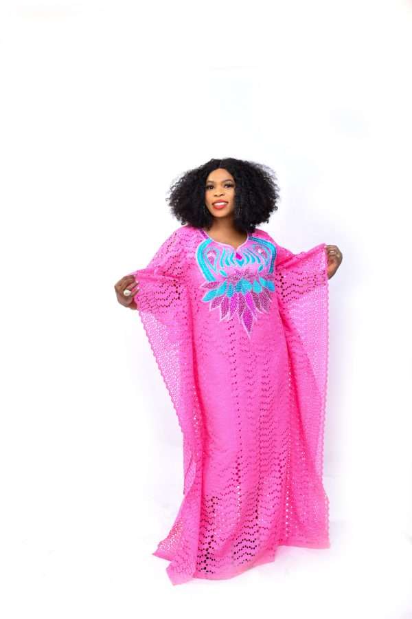 African exotic pink dry lace with pink and blue machine embroidery.- Dolapo