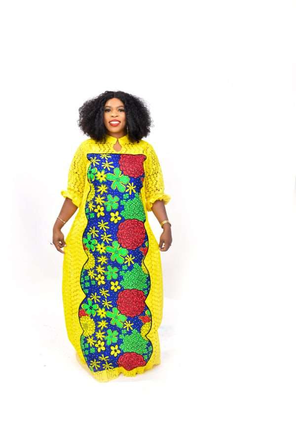 African yellow dry lace mixed with multi colored ankara fabric - Eniola