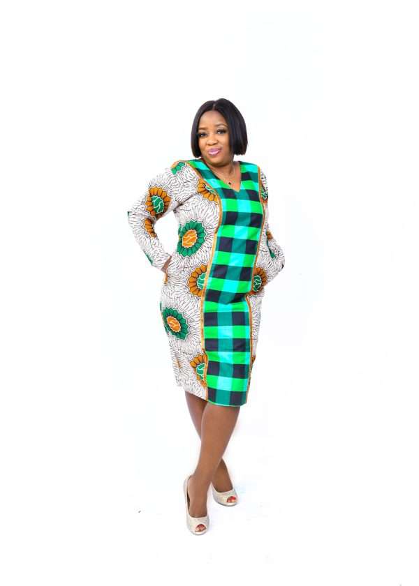 African ankara fitted dress with green check cotton material- Omoge Alafe