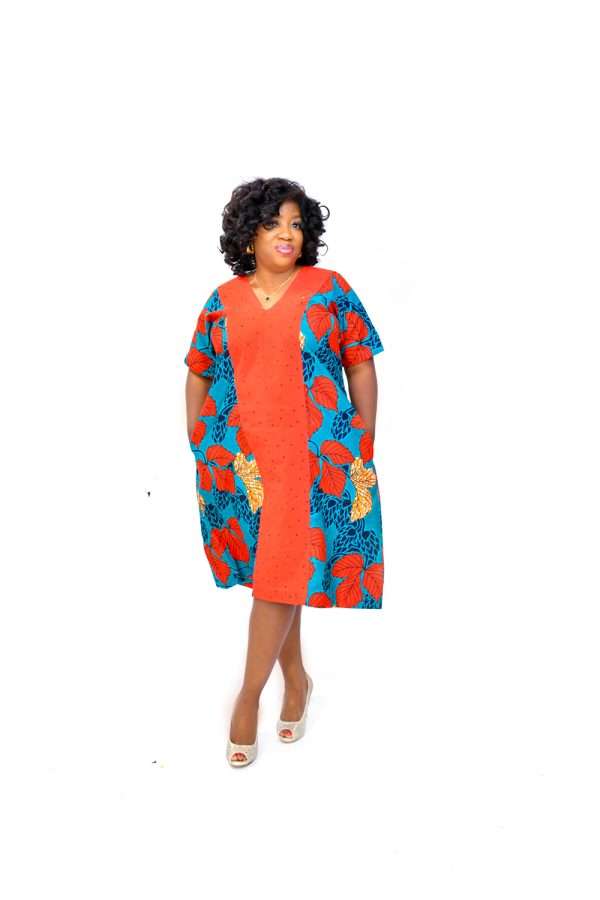 Ankara fabric dress mixed with cotton material with a touch of stone-Omoge Asiko