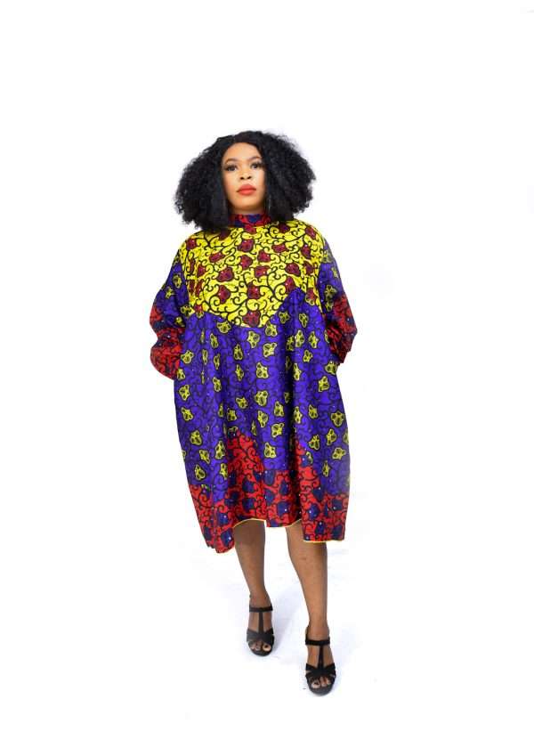 African ankara short dress with long sleeve and side pocket -Aunty Asake