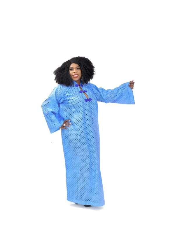 African blue dry lace Kaftan style with long sleeve and 3 embroided button -Ayinke